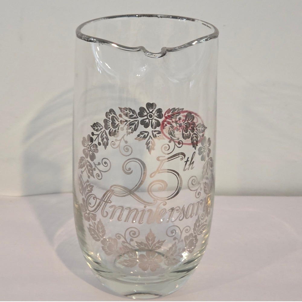 Crystal Shoppe 25th Silver Anniversary Glass Pitcher, Mini Carafe Tableware 8"